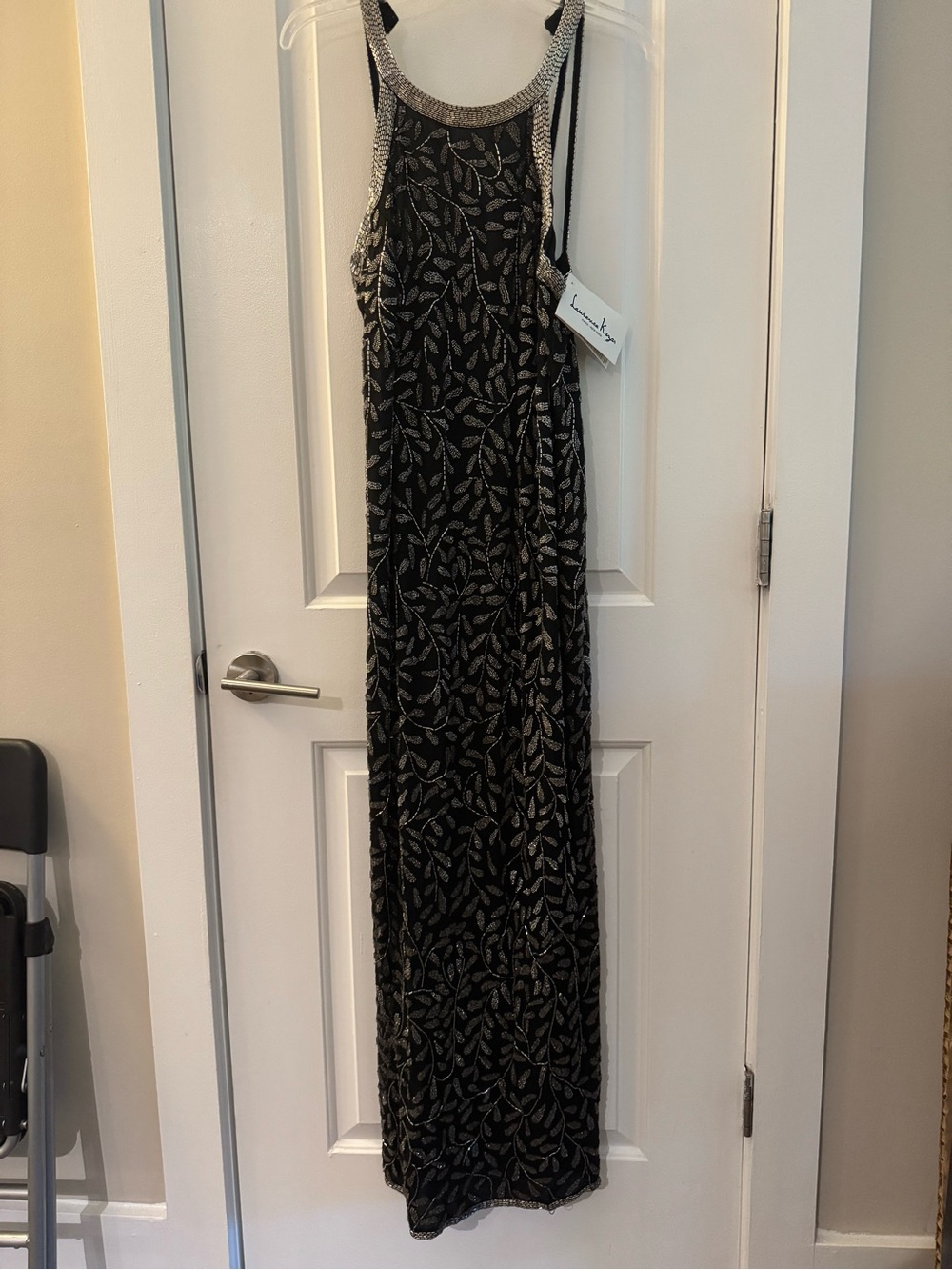 Laurence Kazar Black Beaded Evening Jumpsuit with Silver Accents
